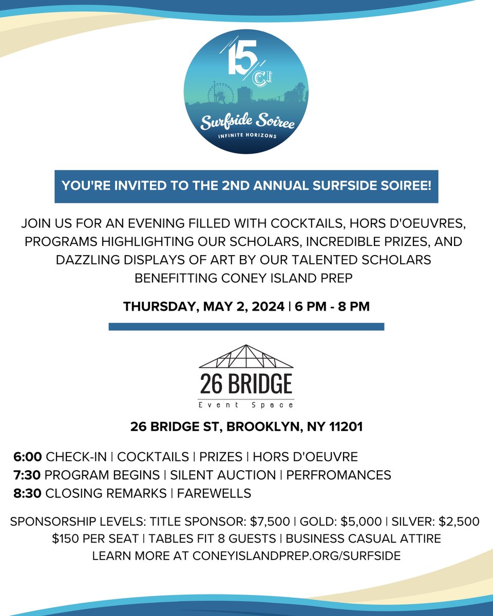 Step into a night of infinite horizons at the 2nd Annual Surfside Soirée! Join Coney Island Prep on May 2nd for an enchanting evening at 26 Bridge, featuring our scholars' art, fantastic performances, and amazing prizes—all benefitting our scholars. Visit buff.ly/43oe77y