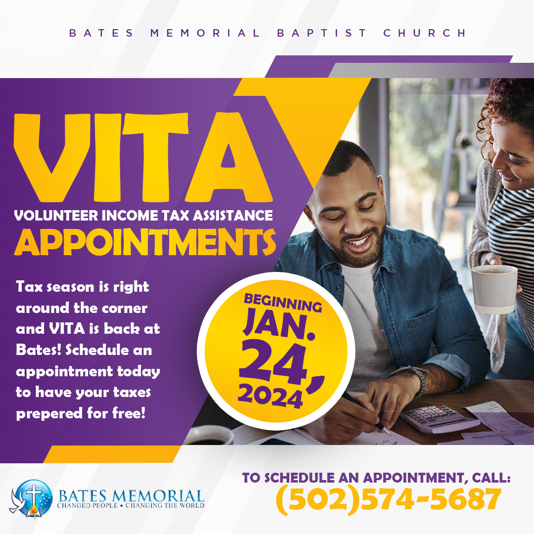 Tax season is right around the corner! Call today to get your taxes filed for FREE with the V.I.T.A. program. The session begin on January 24, 2024. Call today at (502) 574-5687. #Batesmemorial