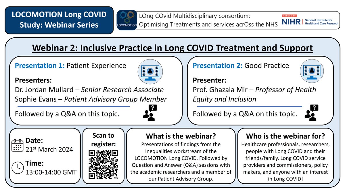 🚨2 days until our next webinar! 💻‘Inclusive Practice in #LongCovid Treatment & Support’ 🗣️Presented by academic researchers and a patient advisory group member 🗓️Thursday 21st March at 1pm GMT 🔗Registration: universityofleeds.zoom.us/webinar/regist…