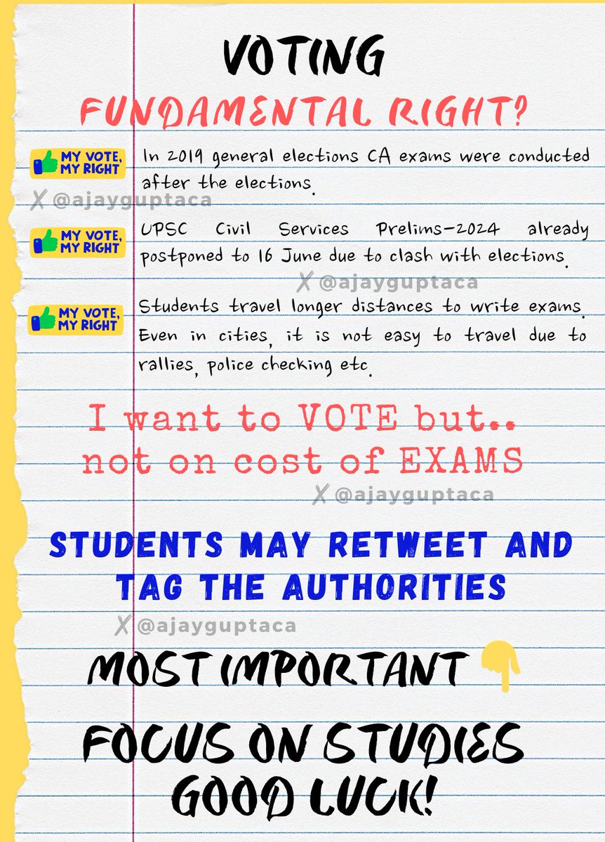ajayguptaca's tweet image. My Advise for CA Students: Stay Focused and Prepare for Exams.
But.. You must also put your point #RightToVote.

RETWEET and TAG the authorities.
#Unity #CAExam #CAStudents #ICAI