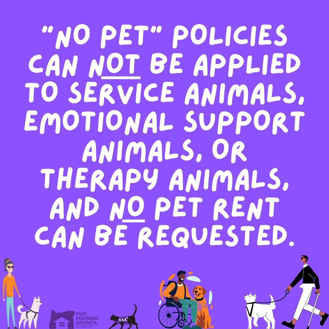 'No Pet' Policies can not be applied to service animals, emotional support animals, or therapy animals, and no pet rent can be requested.