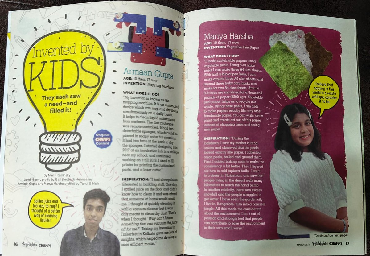 ManyaHarsha_'s tweet photo. It gives immense pleasure to be featured on CHAMPAK,as a #Youth inventor of DIY VegetablePaper. "NOTHING IN THIS WORLD IS A WASTE UNLESS U CONSIDER IT TO BE ONE " #RecyclingHeroes #ClimateActionNow #YouthCreativeHub #Recycle #EarthDayEveryDay #RestoreOurEarth  #ClimateAdaptation https://t.co/ARb7tn9F8E