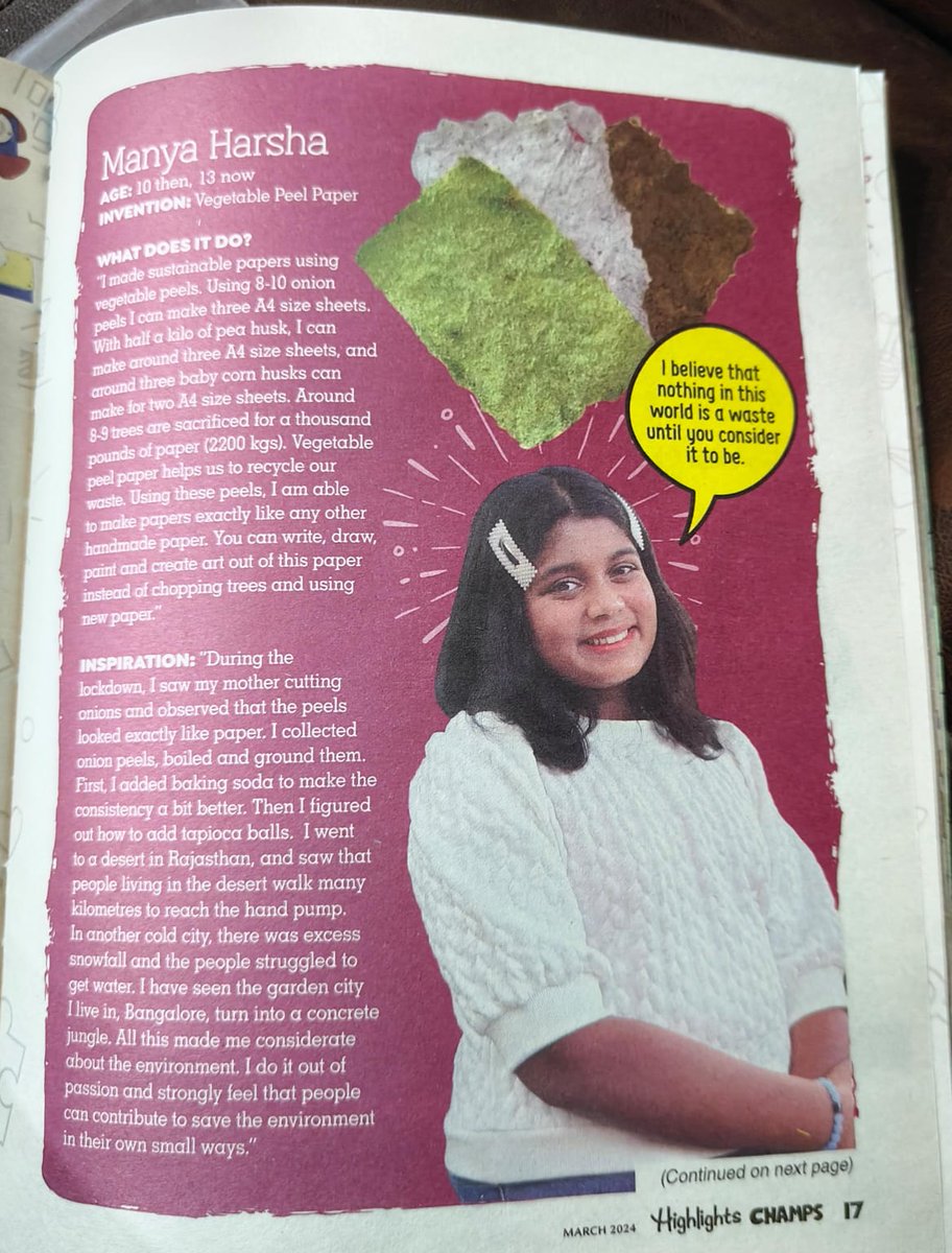 ManyaHarsha_'s tweet photo. It gives immense pleasure to be featured on CHAMPAK,as a #Youth inventor of DIY VegetablePaper. "NOTHING IN THIS WORLD IS A WASTE UNLESS U CONSIDER IT TO BE ONE " #RecyclingHeroes #ClimateActionNow #YouthCreativeHub #Recycle #EarthDayEveryDay #RestoreOurEarth  #ClimateAdaptation https://t.co/ARb7tn9F8E