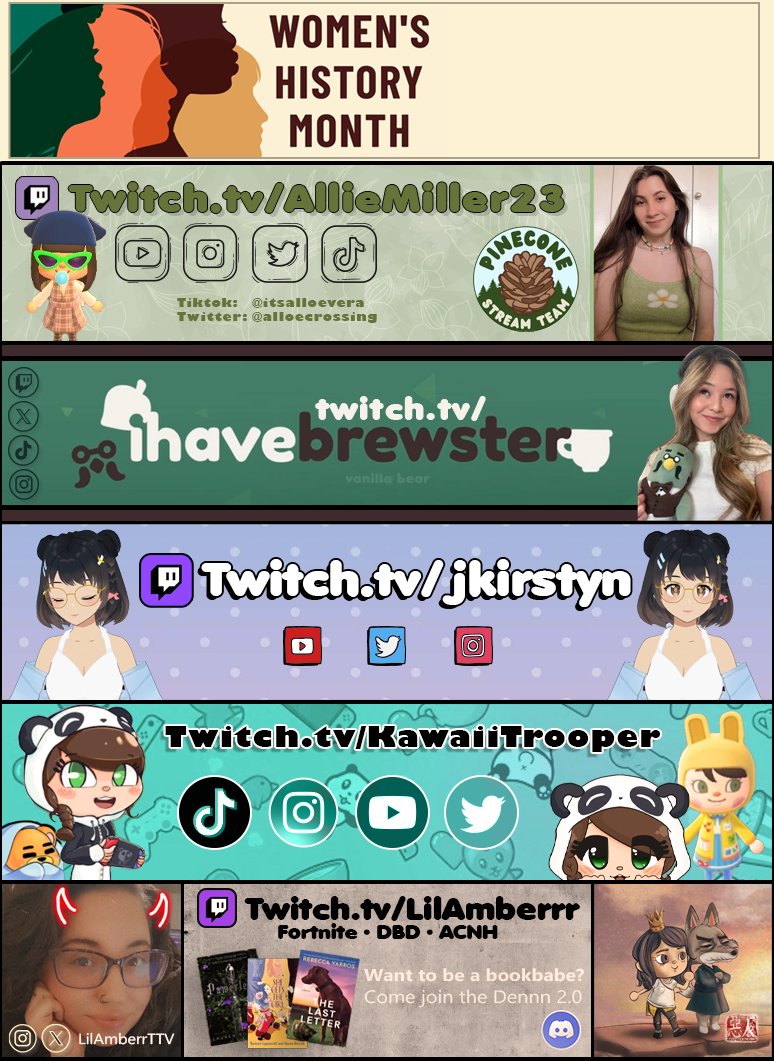 For women's history month I wanted to highlight some of the powerful and amazingly talented women that I've had the honor to get to know within the content creation/streaming space.

They are just the best and I hope you'll give them a watch not just in March but all the time! <3