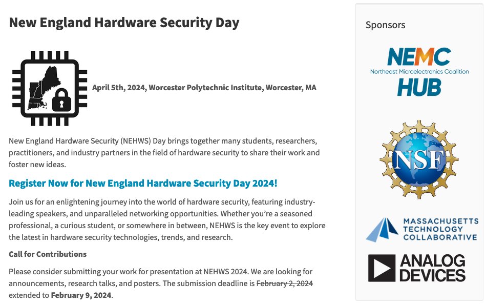 NehwsDay's tweet photo. We finalized the program for the New England Hardware Security (NEHWS) Day 2024, April 5, in Worcester, Massachusetts. Registration closes on March 31! You can find the program at the following link: https://t.co/rG2jgClBek https://t.co/AxAp27WZ2E