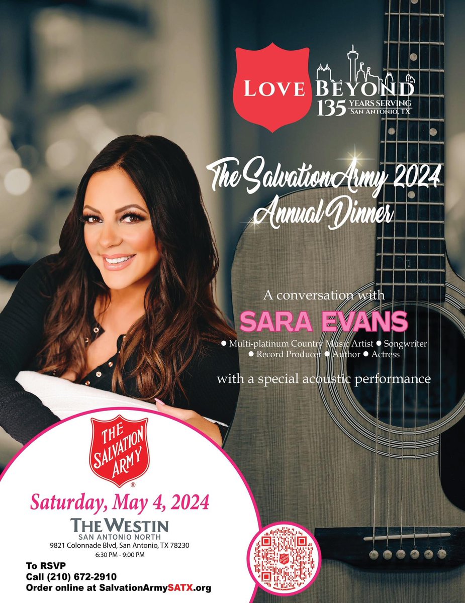 Multi-platinum country music star @saraevansmusic will headline the 2024 Annual Dinner for @salarmysatx on May 4 @Westin San Antonio North.  “A Conversation with Sara Evans” will be moderated by @randycarrollkj. Tickets and tables at 210-672-2910 or shorturl.at/cFIJP