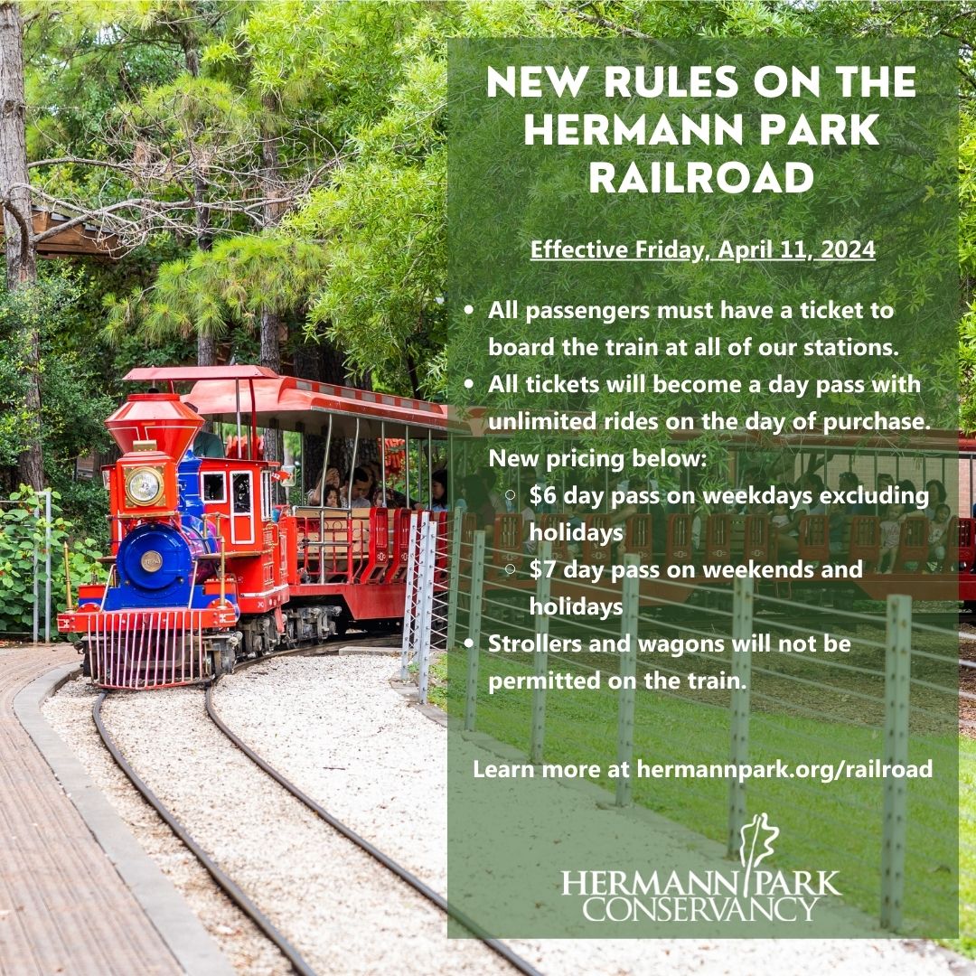 Starting Friday, April 11, some changes will be rolling in on the Hermann Park Railroad. 🚂 We appreciate your understanding as new and exciting developments are happening in Hermann Park! For more information, please visit hermannpark.org/railroad.