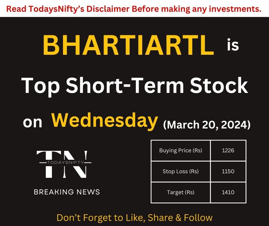 Top Short Term Stock on Wednesday (March 20, 2024)

In #BHARTIARTL, the bullish breakout is successful on the Weekly Candle, so this makes BHARTIARTL Top Short Term Stock for High Returns.

Don't forget to read <a href="/todaysnifty/">TodaysNifty</a>'s disclaimer.

#StockMarket #InvestmentTips #investment