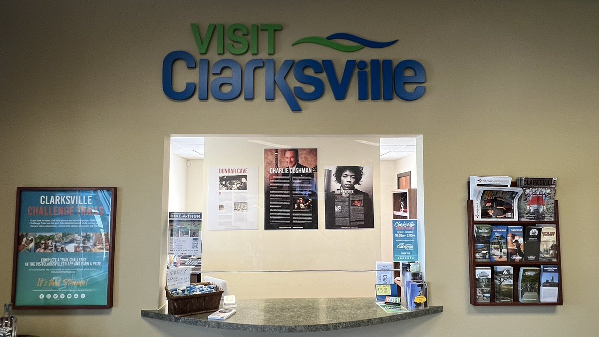 🎶 New at the Visitor Center. Learn about some of Clarksville’s famous connections from #tnmusicpathways! #visitclarksvilletn #tourism #musichistory #jimihendrix #charliecushman #dunbarcave #royacuff #visitorservices