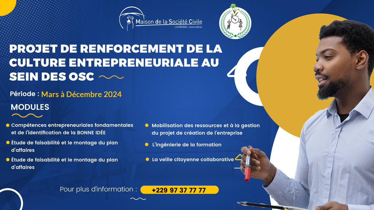 🔆Projet de Renforcement de la Culture Entrepreneuriale au sein des #OSC🔆
Le #RENEJ et la #MdSC s’associent pour vous proposer une série de formations captivantes sur les  Techniques de promotion de l’entrepreneuriat et de l’emploi au sein des OSC