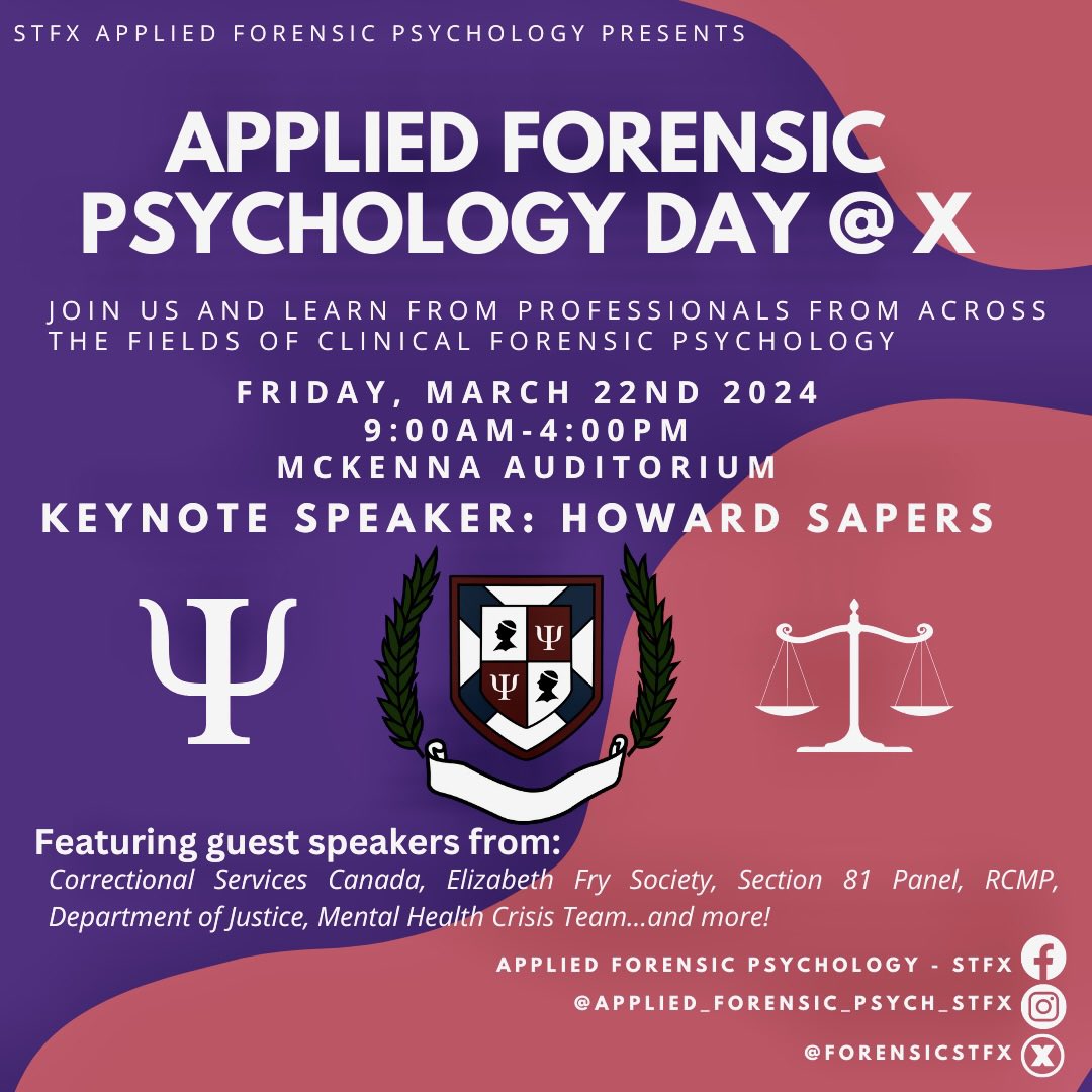 Join us this Friday March 22nd for our annual AFP@X Day! We have wonderful guests joining us from across the fields of clinical forensic psych and social justice. All are welcome! @StFXPsych @margocwatt @chrisjlively @stfxuniversity @chickobiochemo @DrErinAusten @ErinDMorton