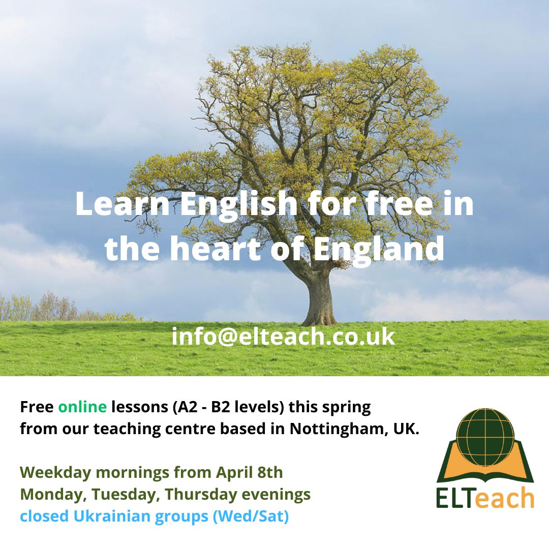 ELTeach (@elteach4) on Twitter photo Hello A2 & B2 students!
Our new ELTeach online classes on Monday evenings have just begun. Weekday morning international classes start up again on Monday 8th April from 09.30 (UK time).
Please write to info@elteach.co.uk for a level test and the links. Hello A2 & B2 students!
Our new ELTeach online classes on Monday evenings have just begun. Weekday morning international classes start up again on Monday 8th April from 09.30 (UK time).
Please write to info@elteach.co.uk for a level test and the links.