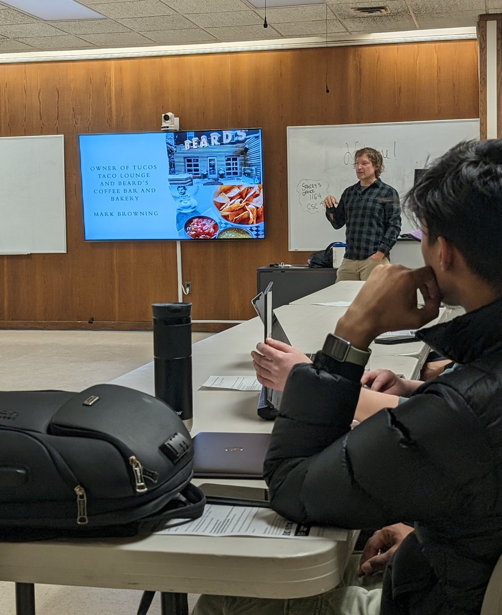 CambrianRD's tweet photo. We were excited to have Mark Browning, Owner of Tucos Taco, Beard's Coffee Bar & Bakery, and Cosmic Dave's, as the leader of this morning’s workshop for the Cambrian Student Innovation Challenge. Mark's presentation captivated all competitors! #RBCFutureLaunch #StudentInnovation https://t.co/WQDSCJRRfw