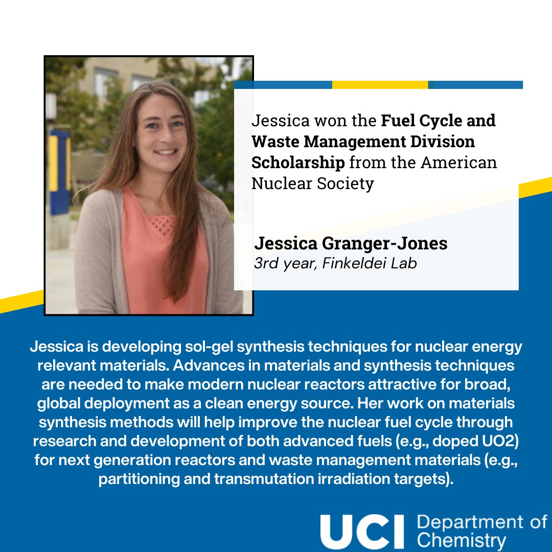UCI Chemistry (@ucichemistry) on Twitter photo Jessica Granger-Jones, 3rd year Finkeldei Lab, has been awarded the Fuel Cycle and Waste Division Scholarship from the American Nuclear Society! Congratulations Jessica 🎉 <a href="/FinkeldeiSarah/">Sarah Finkeldei</a> #ucichemistry #uciphysicalsciences Jessica Granger-Jones, 3rd year Finkeldei Lab, has been awarded the Fuel Cycle and Waste Division Scholarship from the American Nuclear Society! Congratulations Jessica 🎉 <a href="/FinkeldeiSarah/">Sarah Finkeldei</a> #ucichemistry #uciphysicalsciences