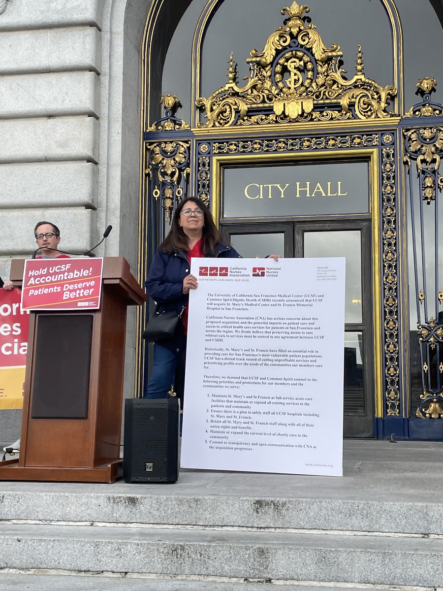 Nurses attended the SF Board of Supervisors meeting yesterday to demand answers about @UCSFHospitals' plans for maintaining or cutting key services & access to care at two hospitals it recently acquired.

We're demanding UCSF prioritize the community and put #PatientsOverProfits!