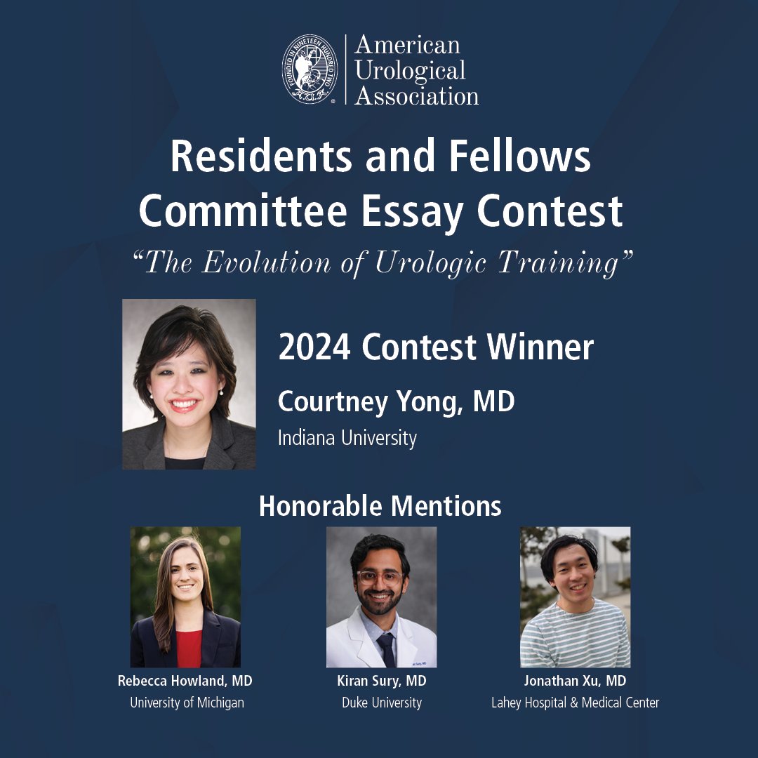 Congratulations to Courtney Yong, MD, winner of the 2024 Residents and Fellows Committee Essay Contest! Check out Dr. Yong's essay, that will be published in The Journal of Urology®. ➡️ bit.ly/3SdyXRM #AUA #Urology @JUrology