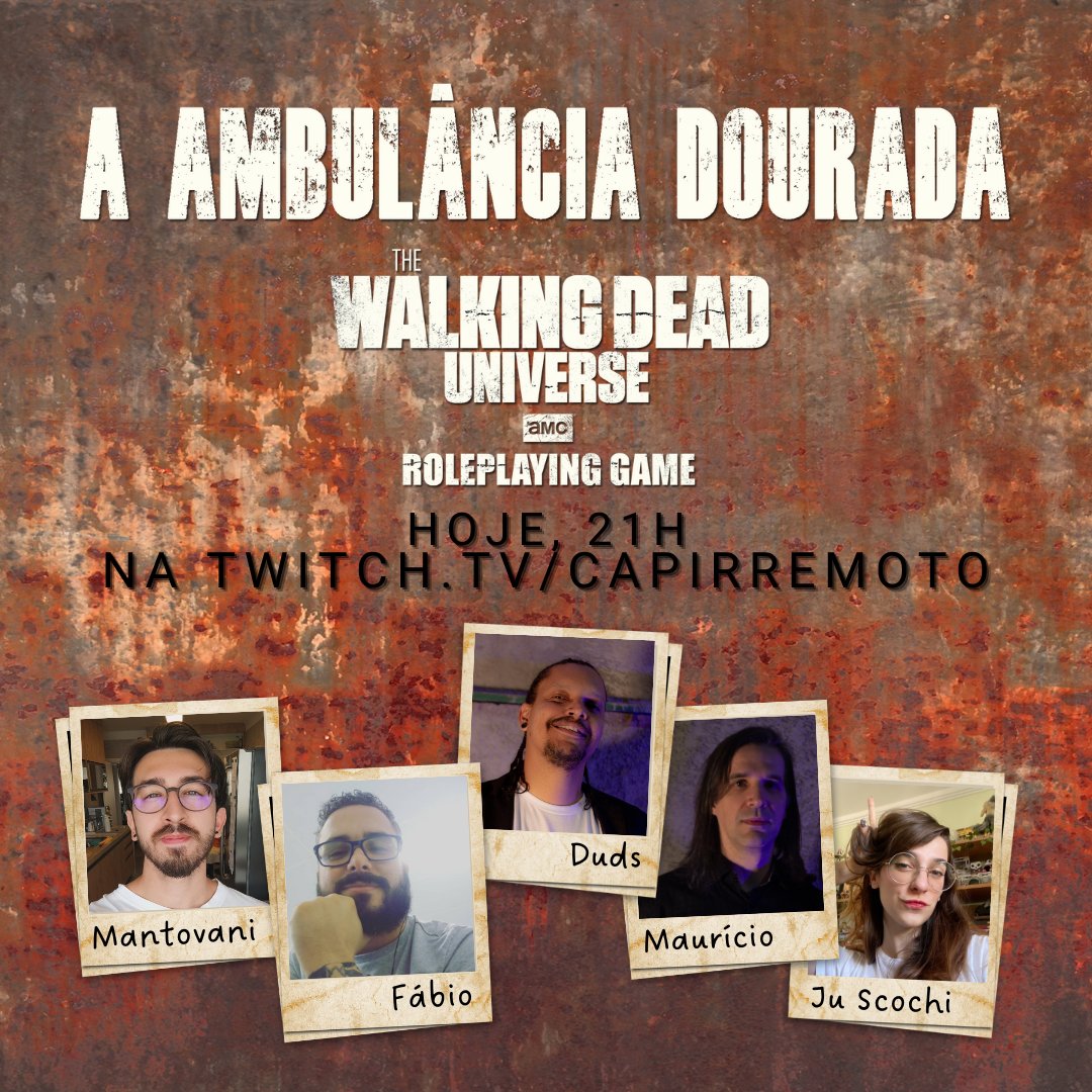 hoje é dia de RPG no capirremoto hoje é dia de #thewalkingdeadrpg com uma galera muito foda.
Narrando MAUricio 
e jogando comigo a capivarinha apoiador Fabio 
e as presenças ilustres direto de #OUSMP <a href="/juscochi/">Ju Scochi ✨🦊</a> e mantovani do <a href="/VistalRPG/">Vistal #ExpressoDouradoRPG #OUSMP</a> 
é hj as 21hs no twitch.tv/capirremoto