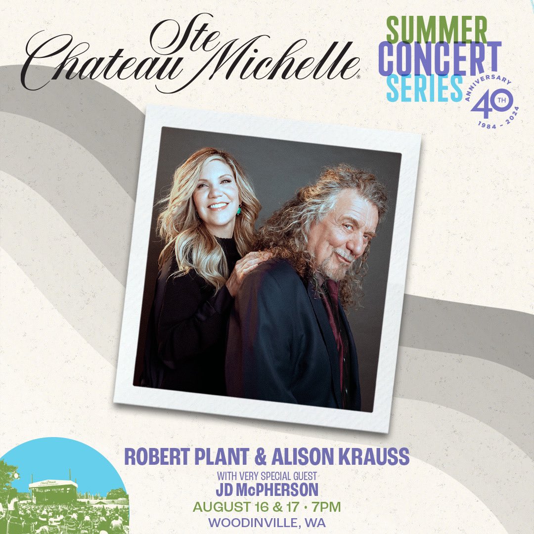 Robert Plant & @AlisonKrauss will be performing at this year's Chateau Ste Michelle's Summer Concert Series, with special guest JD McPherson. Tickets available here for August 16th ticketmaster.com/event/0F006066… and here for August 17th ticketmaster.com/event/0F006066…