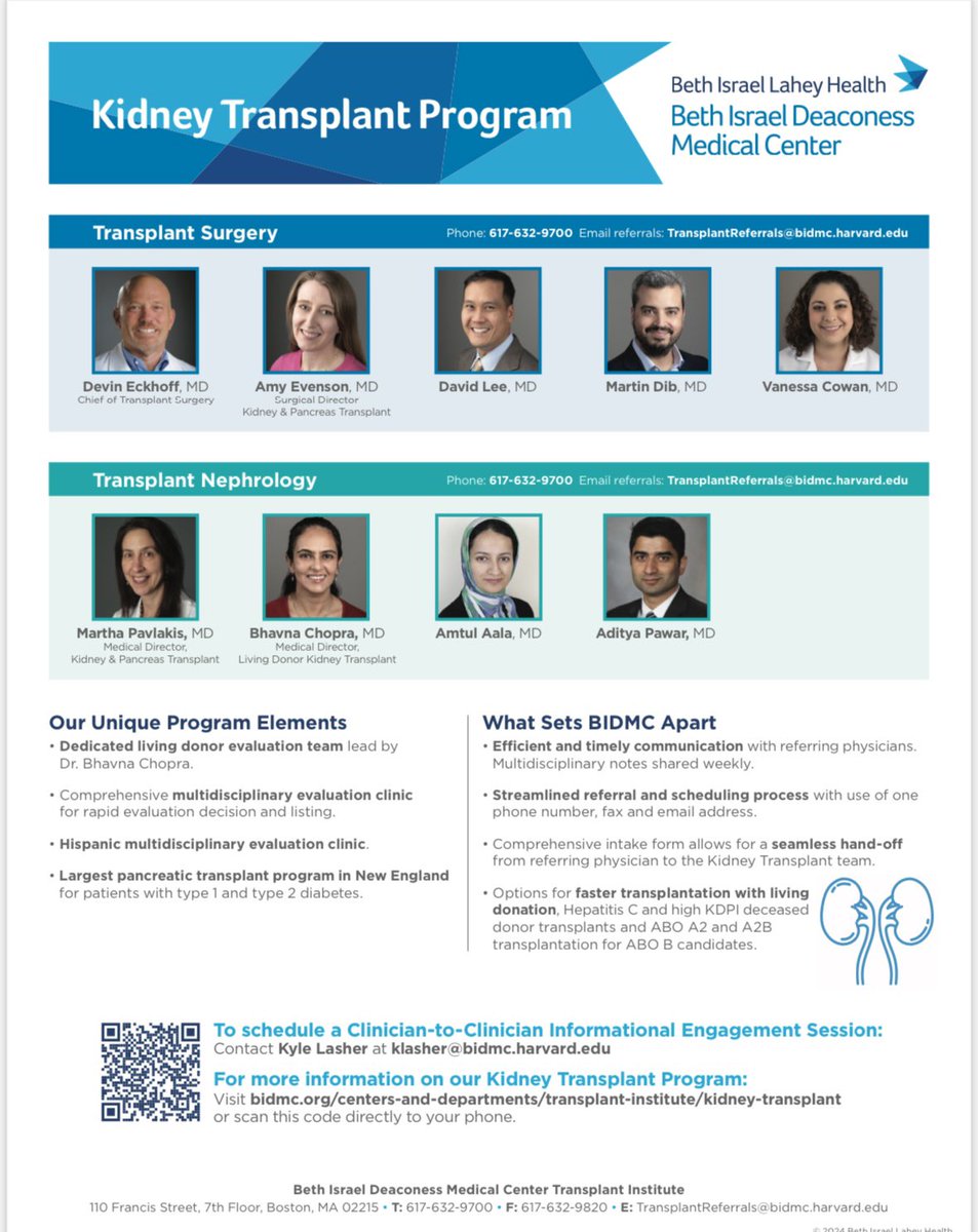 BIDMC Transplant Institute is the largest kidney/pancreas transplant program in New England. Get a deceased donor transplant faster than other transplant center in New England. To learn more about kidney transplant please reach out to Kyle Lasher at klasher@bidmc.harvard.edu.