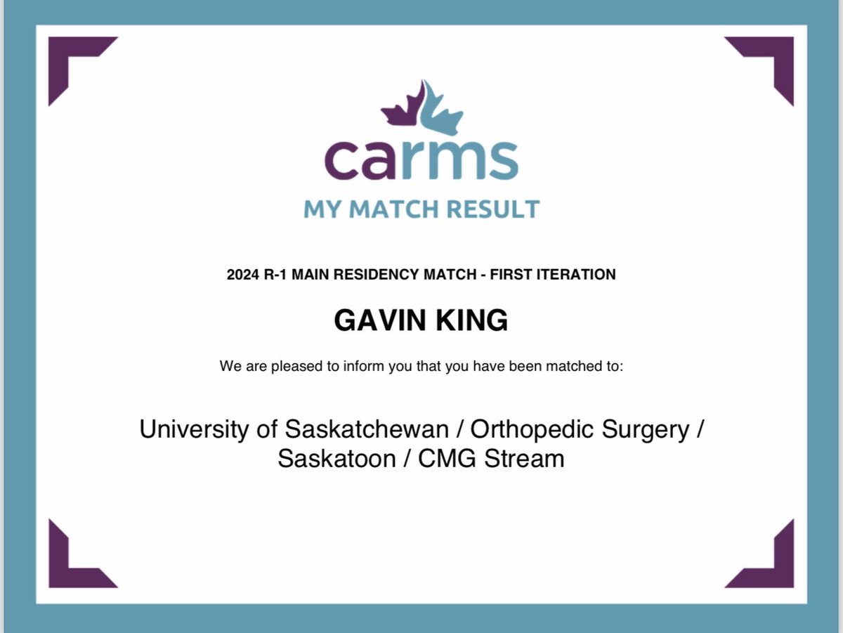 Couldn’t be happier to announce I will be pursuing a career in Orthopedic Surgery AT HOME. 

A huge blessing - thank you to all my peers and mentors that have supported me through this journey. Hard work starts now 🦴⚒️

#orthomatch #Match2024 @USaskMedDean