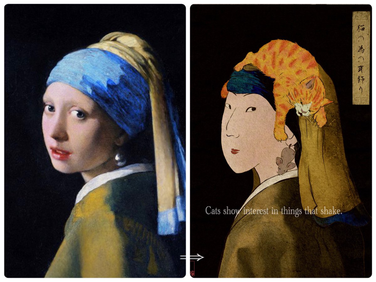 Earrings that cats like

It is a work that homage to "The Girl with a Pearl Earring".

If a cat gets on your head, be careful not to get your earrings.(lol