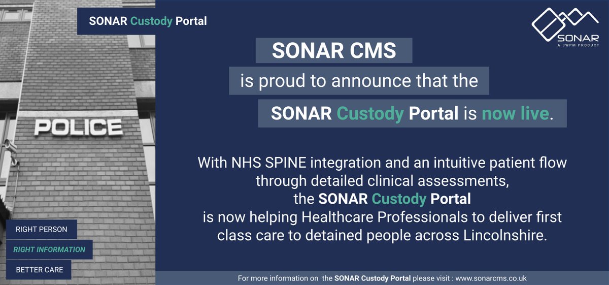 SONAR CMS is proud to announce that the SONAR Custody Portal is now live!!

The Custody Portal has been deployed across Lincolnshire, in order to deliver and support healthcare for detained people.

To learn more about SONAR CMS: sonarcms.co.uk

#CRG  #JWPM #SONARCMS