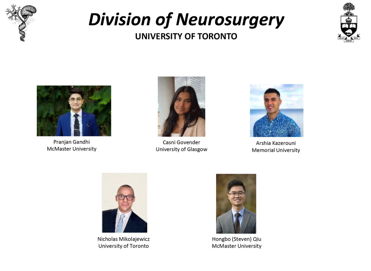 We are thrilled <a href="/UofTNeuroSurge/">University of Toronto Neurosurgery</a> to welcome Arshia, Casni, Nicholas, Pranjan, and Steven to the Toronto Neurosurgery family. Congrats to all, and wishing you and everyone starting their #neurosurgery journey the absolute best of luck and success in the years ahead! <a href="/gelarehzadeh/">gelareh-zadeh</a>