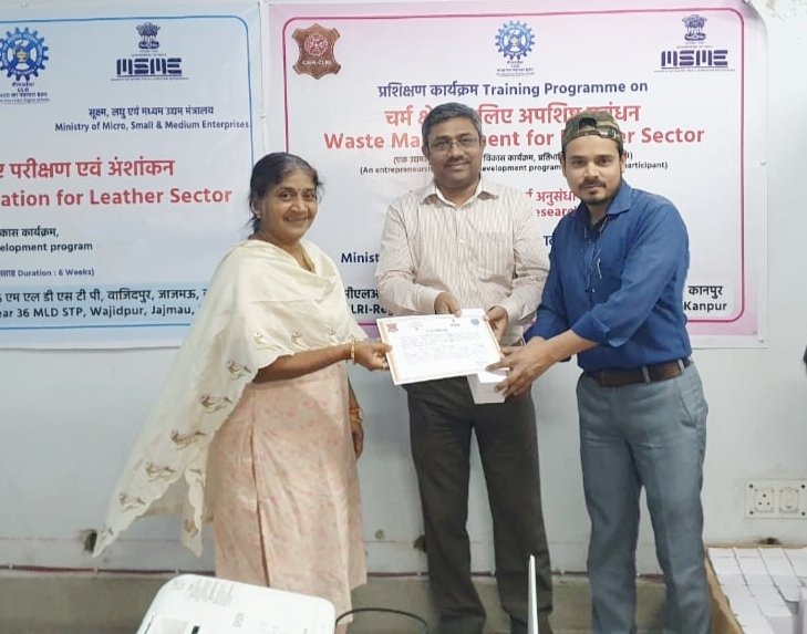 Awarded the Certificate for successfully completing the training program on 'Waste Management' and 'Testing & Calibration for Leather Sector'.
Sponsored by The Ministry of #MSME, Government of India Organised by #CSIR-CLRI at Regional Centre, Wajidpur, Kanpur  (U.P.)

#CLRI