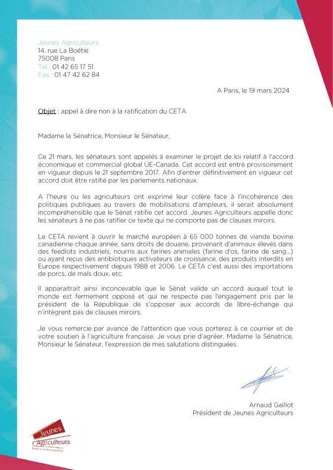 Jeunes Agriculteurs (@jeunesagri) on Twitter photo Ce jour, <a href="/gaillot_arnaud/">GAILLOT Arnaud</a> a adressé un courrier à l'ensemble des sénateurs pour les appeler à dire non à la ratification du CETA dont le projet de loi sera examiné ce jeudi 21 mars.
A retrouver ici 👇👇 Ce jour, <a href="/gaillot_arnaud/">GAILLOT Arnaud</a> a adressé un courrier à l'ensemble des sénateurs pour les appeler à dire non à la ratification du CETA dont le projet de loi sera examiné ce jeudi 21 mars.
A retrouver ici 👇👇