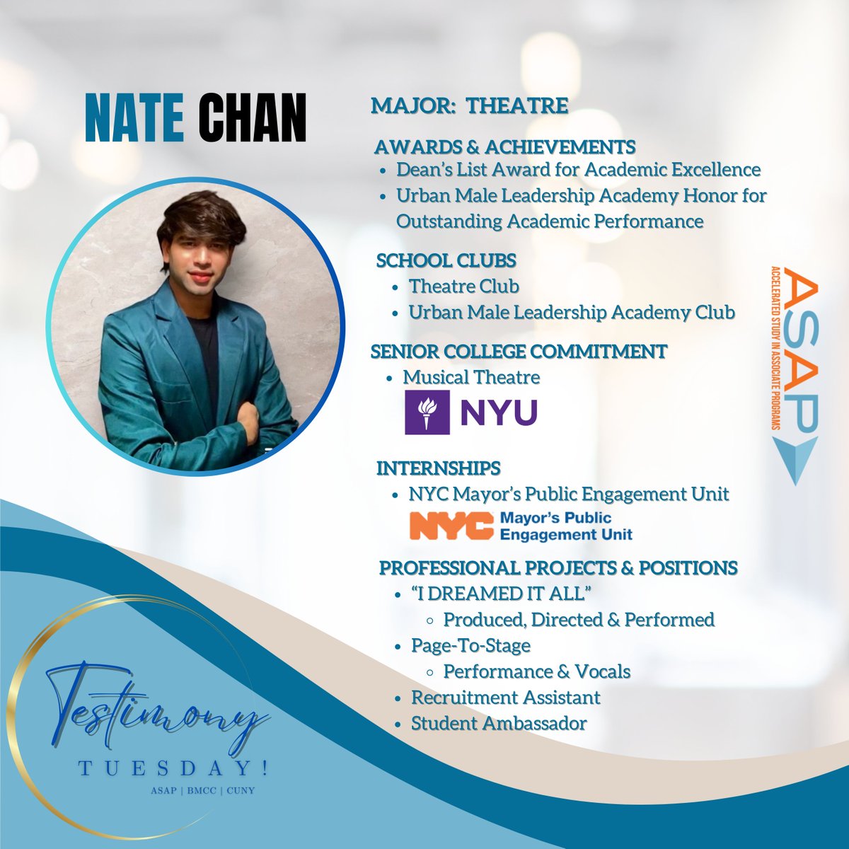 ASAPBMCC's tweet image. It’s Testimony Tuesdaaaaay! Read how the ASAP Success Program at BMCC has benefited another incredible student – Meet ASAP Member, Nate Chan.
 
Every week, we highlight an outstanding ASAP student.
#TuesdayTestimony #ASAPBMCC #BMCC #CUNY #Testimonial