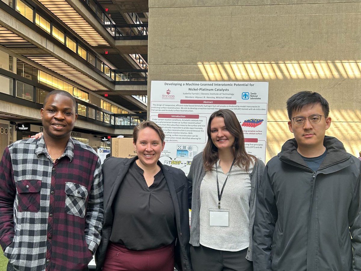 Great work by Isabella Furrick at the ICUNJ Undergrad Research Symposium today! Showcasing her efforts to develop a machine learned interatomic potential to map O*-driven NiPt catalyst reconstruction.  @FollowStevens #STEM #catalysis #materials #conference #MachineLearning