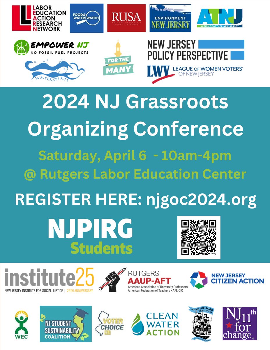 📣NJ Grassroots Organizing Conference 4/6th📣 We are excited to partner in this year’s semi-annual activist training event. Join us to learn from knowledgeable organizers, improve your advocacy skills & connect w/ activists across NJ! Learn more & register:njgoc2024.org
