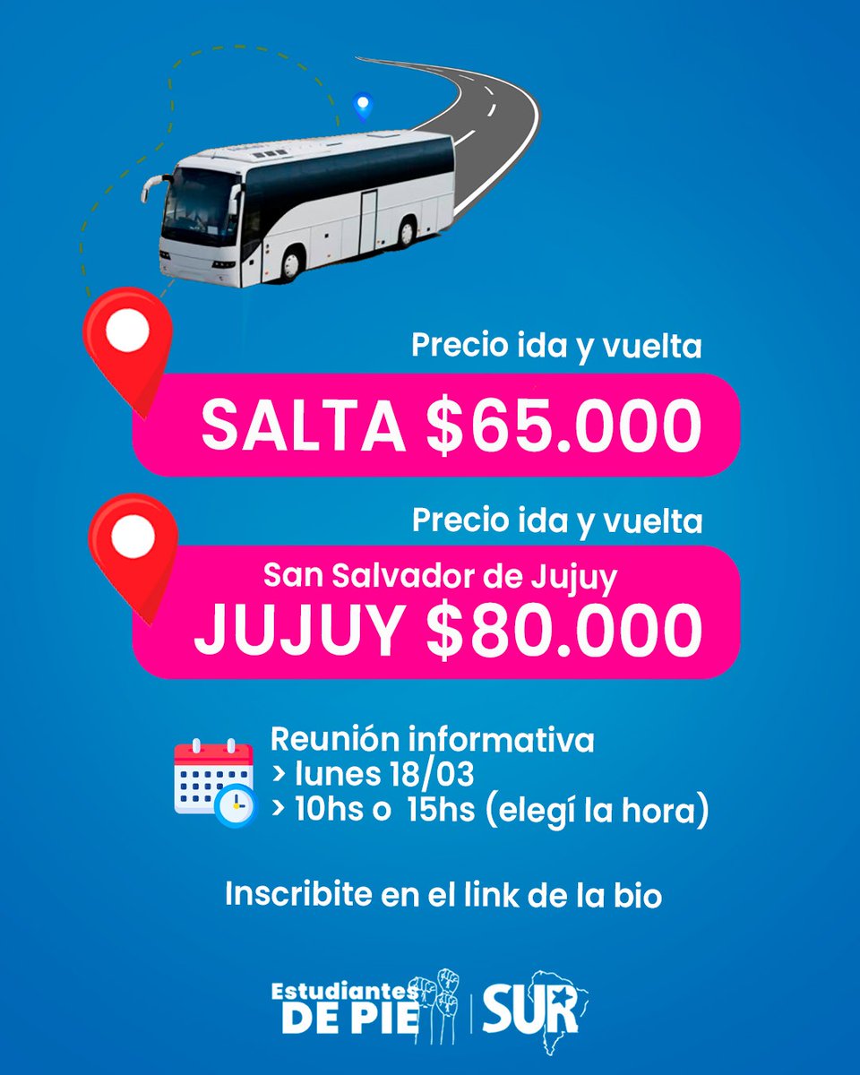 sur_cba's tweet photo. VOLVÉ A CASA CON SUR EN SEMANA SANTA 
Entre estudiantes nos organizamos para viajar a un precio más accesible, porque sabemos lo que cuesta venir desde lejos a estudiar 🙁

📍General Pico - Santa Rosa (La Pampa) 📍 San Salvador de Jujuy y Salta. https://t.co/2dDd8djbVC