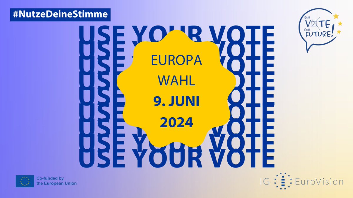 Am 9. Juni 2024 ist Europawahl🇪🇺 Jetzt für die kommenden fünf Jahre die Richtung der Politik mitbestimmen. Weichenstellungen für die Zukunft stehen an. Deine Stimme hat Gewicht🇪🇺
ig-eurovision.eu/eurvote/
#NutzeDeineStimme #Europawahl #EUelections2024 #EU2024 <a href="/democracy_intl/">Democracy International</a>