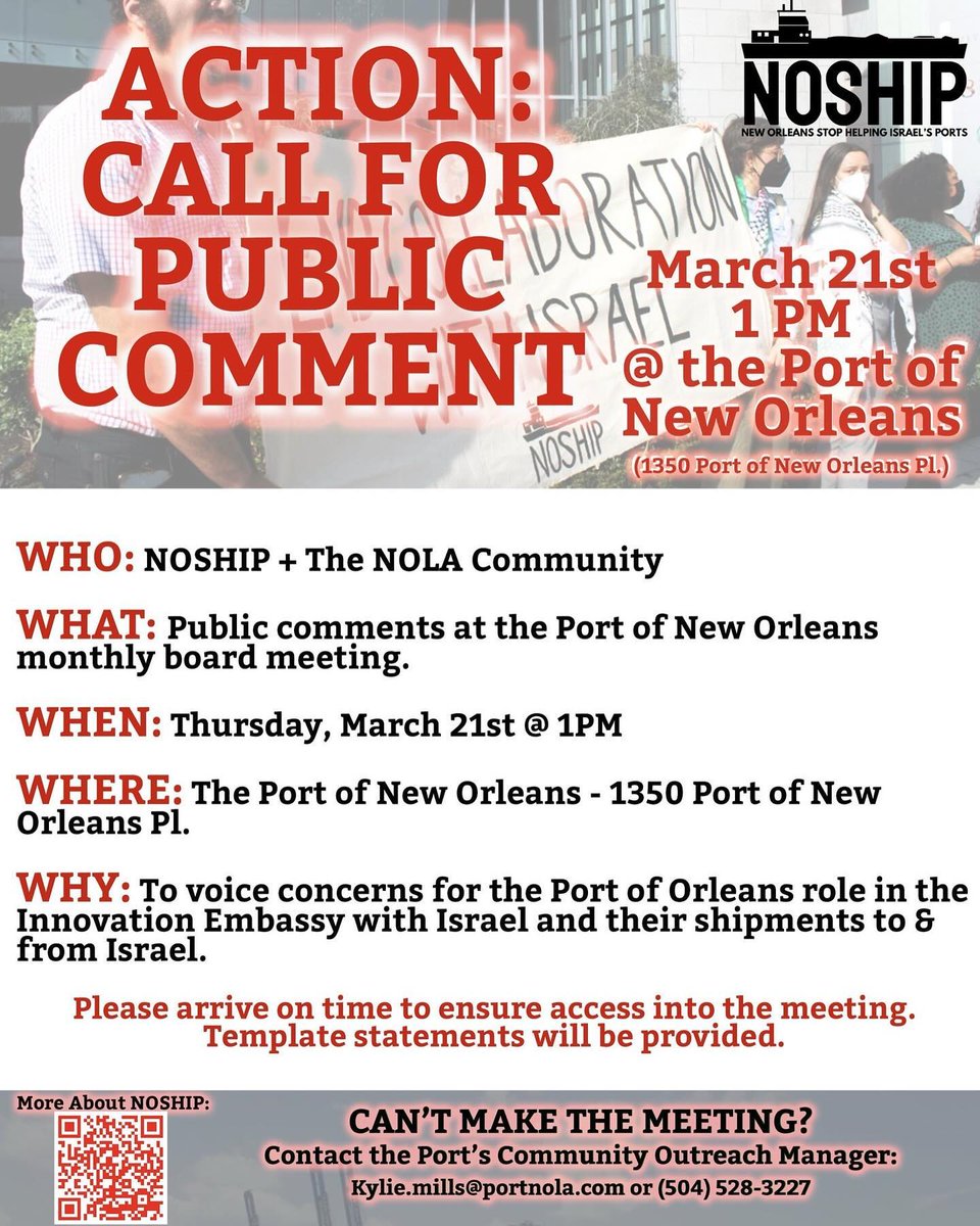 THURSDAY @ 1pm, join NOSHIP & concerned citizens at the monthly Port of New Orleans board meeting. Speak your voice & tell the Port no more trade ties w/ the genocidal state of Israel! Stay tuned for FAQs list so you go in prepared! #freepalestine Reposted from @_noship