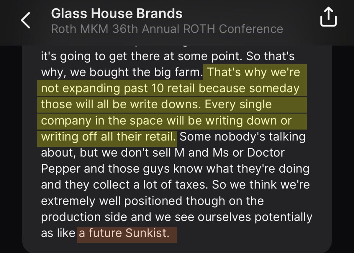 Views on the future of cannabis retail from $GLASF, in the context of leaning into cultivation. Less notably, haven't seen a 'Sunkist of cannabis' analogy used in a while. (iykyk)