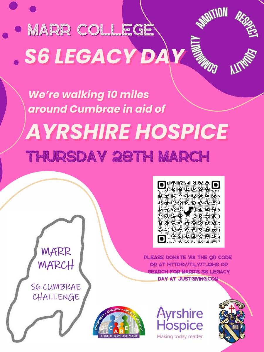 Here is the QR code for the JustGiving for Ayrshire Hospice. Next Thursday, S6 will be walking round Cumbrae to fundraise for the Hospice. This is Marr’s first legacy day, and it will hopefully be continued through the years. All donations appreciated! 💙🐉