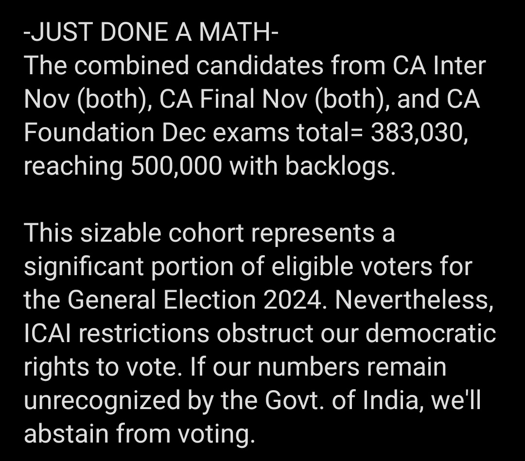 Piyusxx07's tweet photo. I JUST CALCULATED THE IMPACT, WHICH ICAI CAN'T COMPREHEND. WHY ICAI, WHY?❓
#icai #icaiexams #icaiexam #caexams #caexam #castudents #castudent #novoting @PMOIndia @ECISVEEP @theicai @EduMinOfIndia https://t.co/OIjvb4xXnK