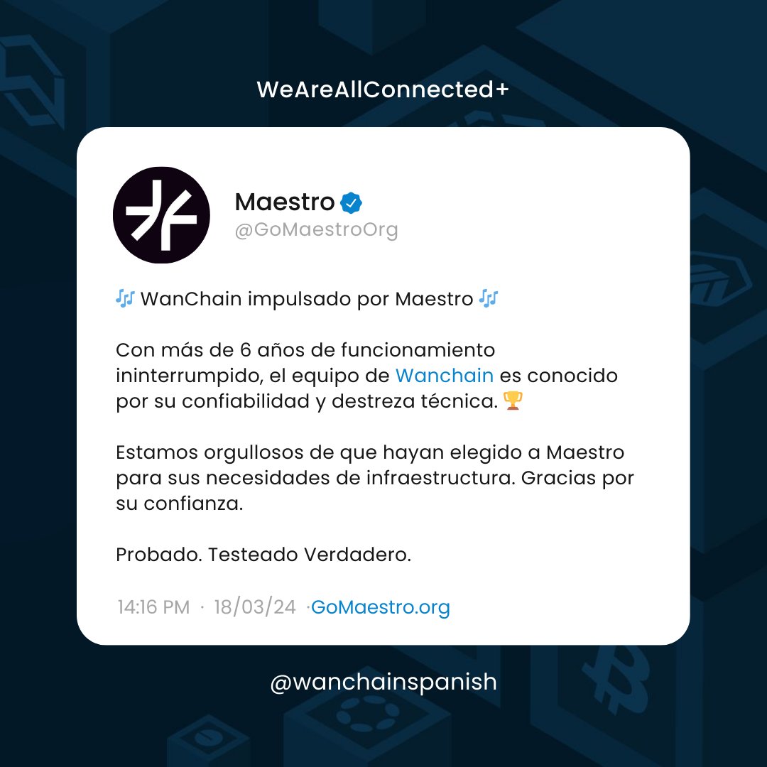 WanchainSpanish's tweet photo. #GoMaestro 🤝 #Wanchain 💙

"Con más de 6 años de funcionamiento ininterrumpido, el equipo de Wanchain es conocido por su confiabilidad y destreza técnica". 🏆 
@GoMaestroOrg

#Cardano #Web3 #WeAreAllConnected https://t.co/vdqel0CNow