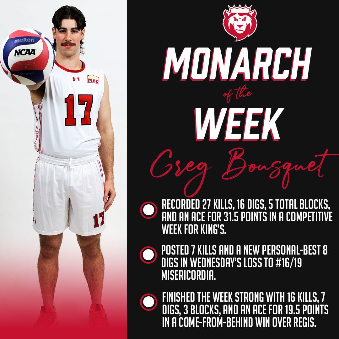 King's College Monarchs (@kingsmonarchs) on Twitter photo MOTW | YOU KNOW WHAT DAY IT IS!
Wanamaker had a strong week to lead <a href="/KingsBaseballPA/">King's College Baseball</a>, and Bousquet put up some big numbers for <a href="/KCVBMonarchs/">King's Volleyball</a> to earn MONARCHS OF THE WEEK!
#MonarchNation // #EarnTheCrown MOTW | YOU KNOW WHAT DAY IT IS!
Wanamaker had a strong week to lead <a href="/KingsBaseballPA/">King's College Baseball</a>, and Bousquet put up some big numbers for <a href="/KCVBMonarchs/">King's Volleyball</a> to earn MONARCHS OF THE WEEK!
#MonarchNation // #EarnTheCrown