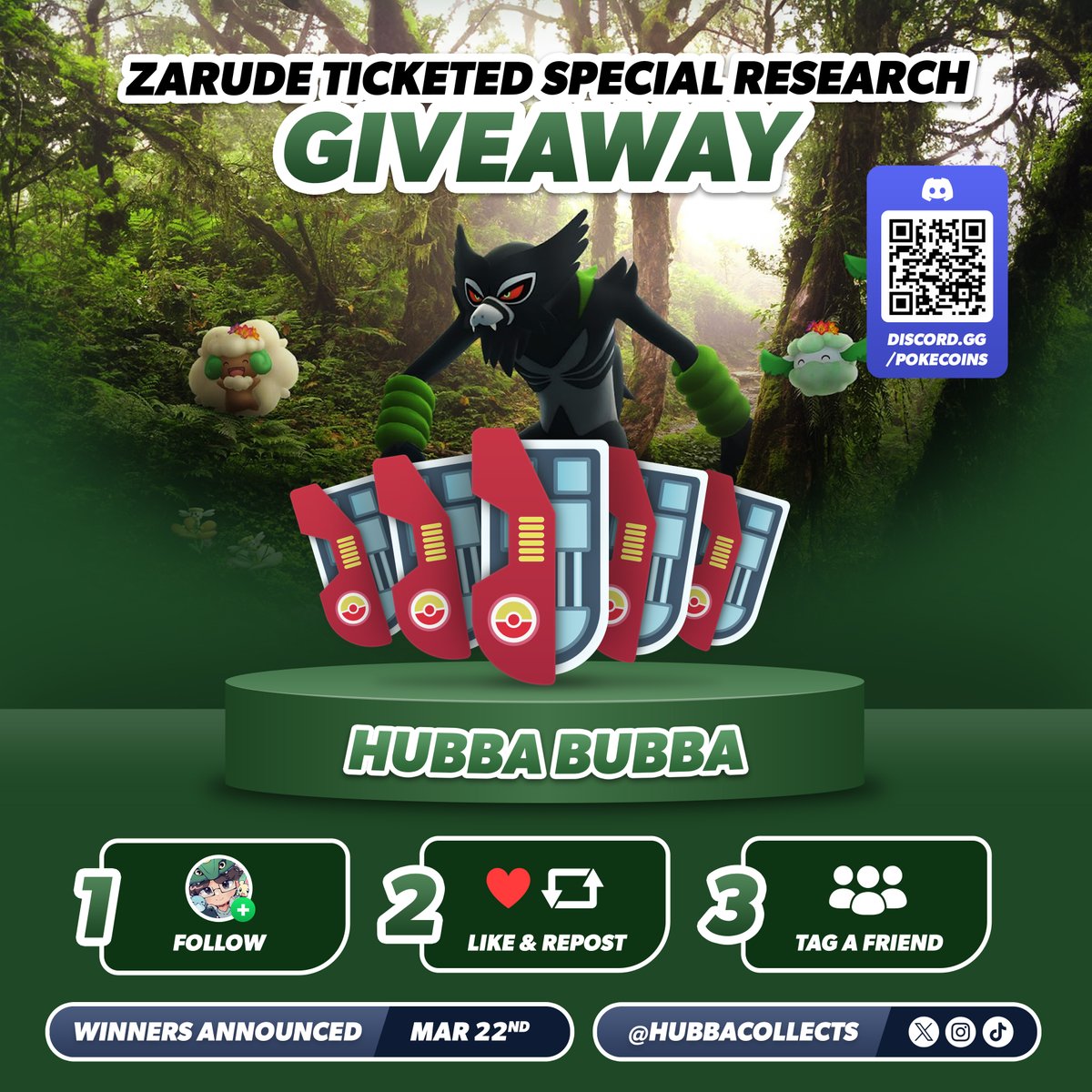 hubbahuey's tweet image. 🍃ZARUDE TICKET GIVEAWAY🍃

I'm giving away 5⃣ Zarude Tickets!🍀

To Enter:
✅Follow @hubbacollects 🐉
✅Like and Retweet! ♥️
✅Tag a Friend! 🧑‍🤝‍🧑

Ends 03/22 ⏰
Join discord.gg/pokecoins for more free giveaways!
#PokemonGO #Giveaways