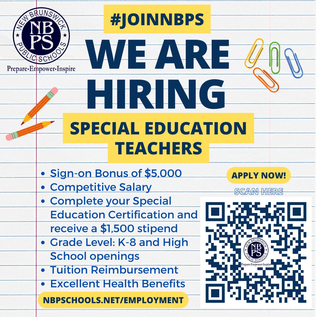 We are looking for dedicated special education teachers to #JoinNBPS! Are you certified? Apply today! nbpschools.net/employment  #WeAreHiring #NJTeachers #NJeducators  #Allin4NB #NBPSLetsGo!
