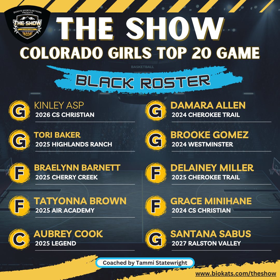 It @TheShowColorado - Top 20 Girls Black team. Game is March 23rd at 6pm at Metro State University @Damaraallen11 @Tori_Baker3 @Braelynnbarnett @TatyonnaBrown @Aubrey_Sports24 @AspKinley @COHoopsters @Hardwood_Elite @ColoradoPremier @elite_lockdown