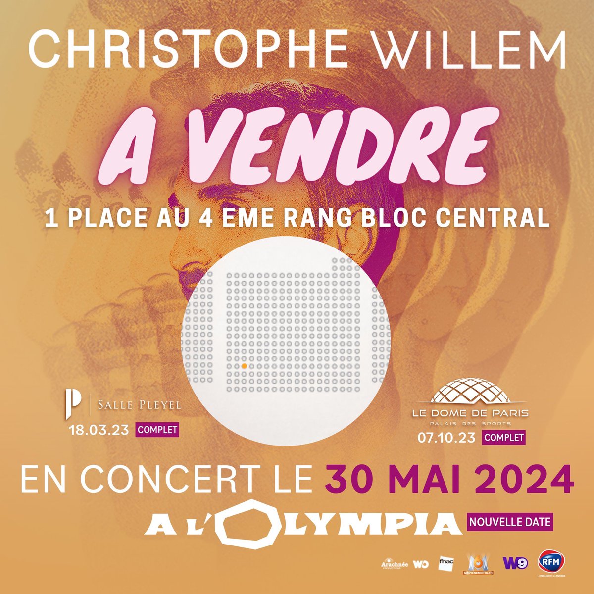 #VENTE 🎵 Vibrez sans limites ! Une place de concert vous attend pour une soirée légendaire. 🚀 Musique, éclats de rire et souvenirs garantis ! 🎉 
🎤 <a href="/cwillem/">Christophe Willem</a> 
📍 Olympia 
🗓️ 30 mai 2024 
💶 69€