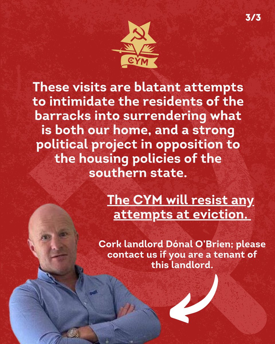 CYMCork's tweet photo. Statement regarding threatened eviction at Connolly Barracks 19/03/24 ✊

The Connolly Youth Movement will resist any attempts at eviction. 

If you are a tenant of this landlord please message us. https://t.co/c3jPDr6r5Z