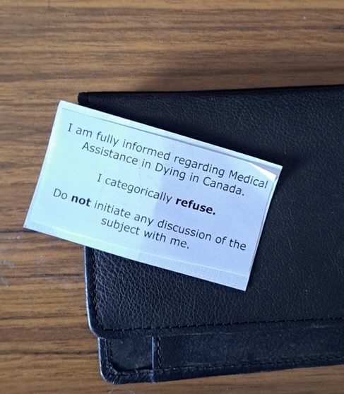 Some people living with disabilities are worried about the stress of facing unexpected questions about whether they have considered #MAID. Some are drawing up cards, like the one below. Others suggest ID bracelets that say 'No MAID'. 'So many of us are worried about this,'…
