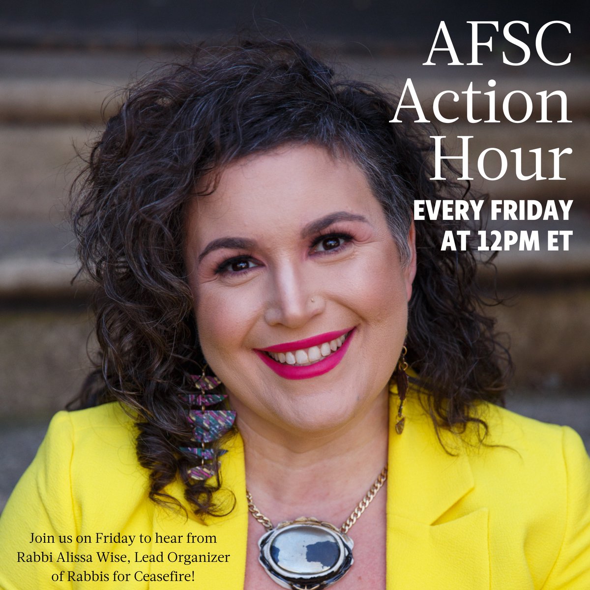 Join us Fri., 3/22 @ 12pm ET for AFSC Action Hour. For #WomensHistoryMonth we're ft. inspiring women organizing and advocating for a #CeasefireNOW. This week, we'll be joined by @AlissaShira, lead organizer of @rodfeishalom #RabbisForCeasefire

Sign up: afsc.org/actionhour