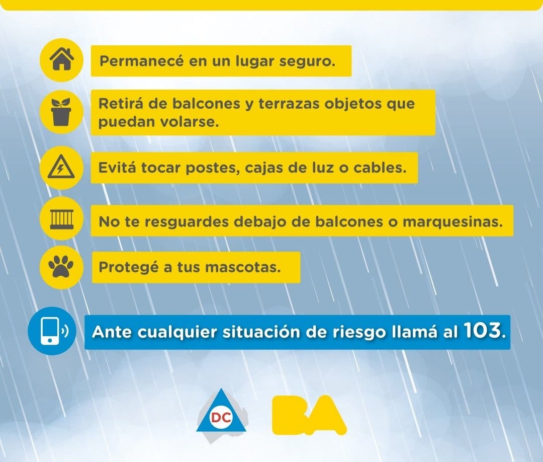 A partir de las 18 hs entrará en vigencia el alerta amarillo por tormentas emitido para CABA por el SMN. Tené presente estas recomendaciones para evitar riesgos: