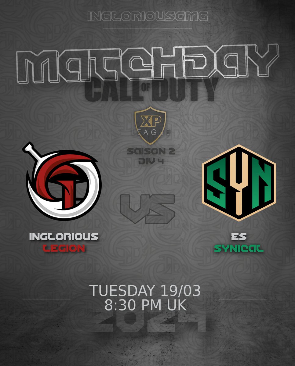 🛡️ XP LEAGUE 🛡️

First showdown for the LEGION boys as they take on <a href="/ESSynical/">Synical</a>

👥 Inglorious LEGION vs Es SYNICAL 

⏰ 8:30pm UK

Good luck lads ✨

#ingloriousgmg