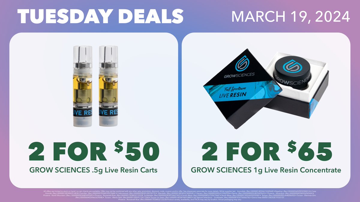 trulieve_az's tweet photo. πΏπ¨ Unbeatable Tuesday Offers: Score exclusive deals on GROW SCIENCES Live Resin Carts and Concentratesβflavor and quality at incredible prices! πβ¨ #CannabisDeals #LiveResin #DabLife #THCTuesday #Extracts #CannabisCommunity #HighSavings
https://t.co/kRtB59TlNu https://t.co/4AS6L0N1Pc